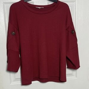 June & Hudson Ribbed 3/4 Sleeve Top with Button Detail Red Medium